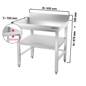 Stainless steel work table PREMIUM 0,6 m - with base shelf, upstand and support
