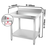 Stainless steel work table PREMIUM 0,6 m - with base shelf and upstand