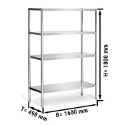 Stainless steel shelving unit PREMIUM 1,6 x 0,5 m - with 4 shelves (adjustable)