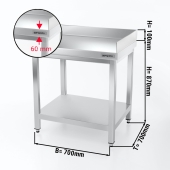 Stainless steel work table PREMIUM 0,7 m - with upstand rear + on the right