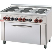Range threephase - N. 6 plates - Static oven with grill cm. 64x42x35h, temp: 50÷250°C, with 1 grid cm.53x32,5 GN1/1 - Glass door