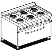 Range threephase - N. 6 plates - Static oven with grill cm. 64x42x35h, temp: 50÷250°C, with 1 grid cm.53x32,5 GN1/1 - Glass door