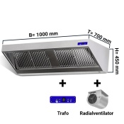 Wall hood 1,0 m - with motor, controller, filter and lamp