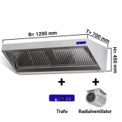 Wall hood 1,2 m - with motor, controller, filter and lamp