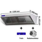 Wall hood 1,2 m - with motor, controller, filter and lamp