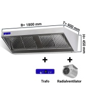 Wall hood 1,8 m - with motor, controller, filter and lamp