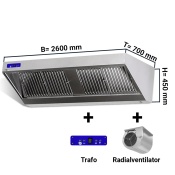 Wall hood 2,6 m - with motor, controller, filter and lamp