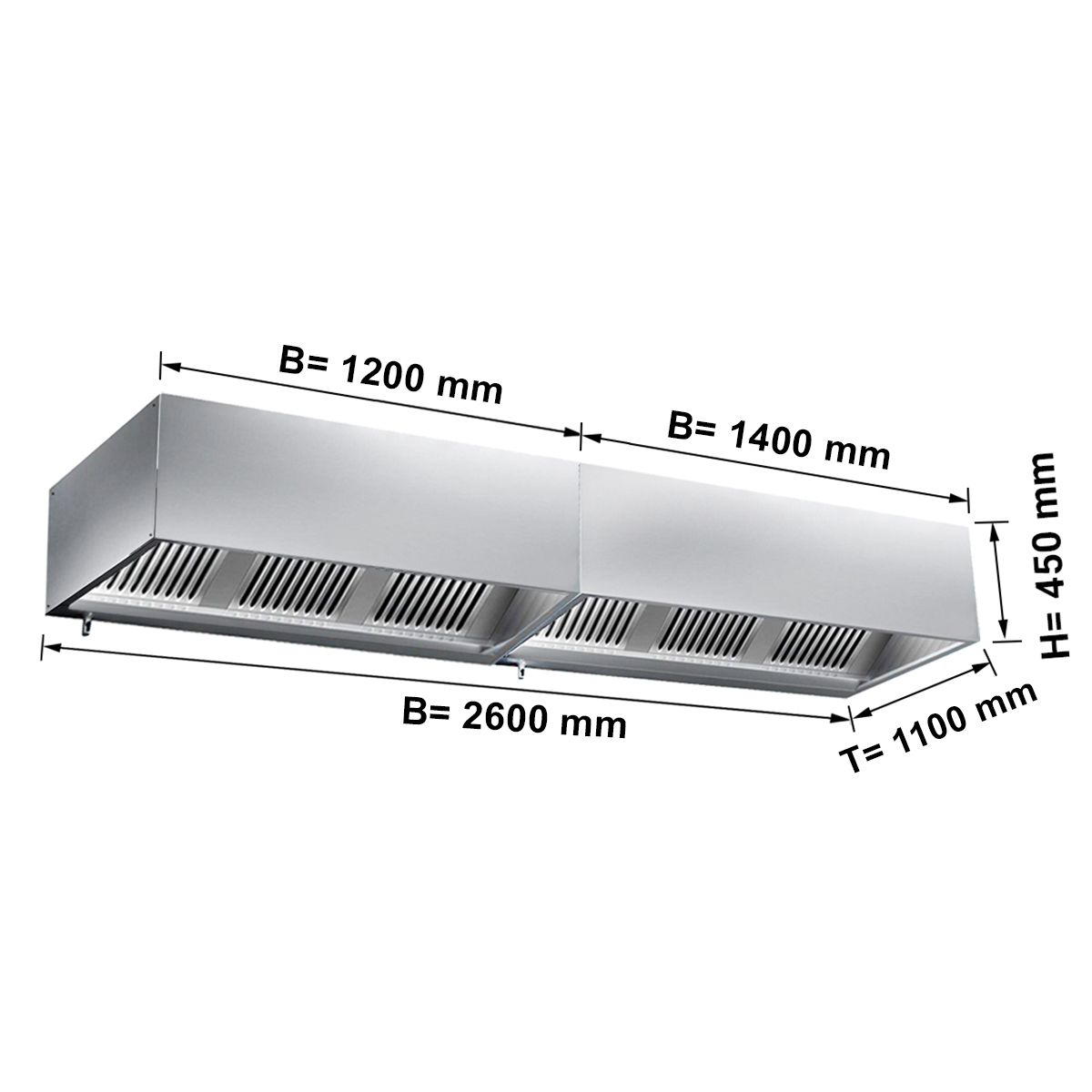 VENTILATION HOOD WITH FILTER AND LIGHT 2600X1100X450MM